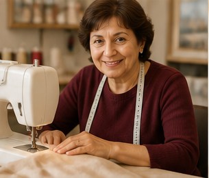 Freda smiling at a sewing machine