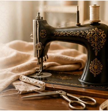 Vintage sewing machine with thread, scissors, and measuring tape